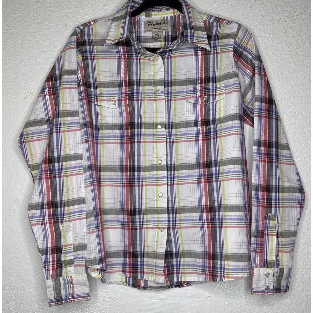 Wrangler Wrancher Shirts Womens White Multicolor Long Sleeve Pearl Snap Sz L